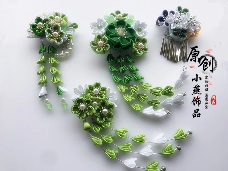 빈티지 수제 보라색 녹색 술 꽃 헤어 클립 헤어 액세서리 일본 옷 firkete/Horquilla