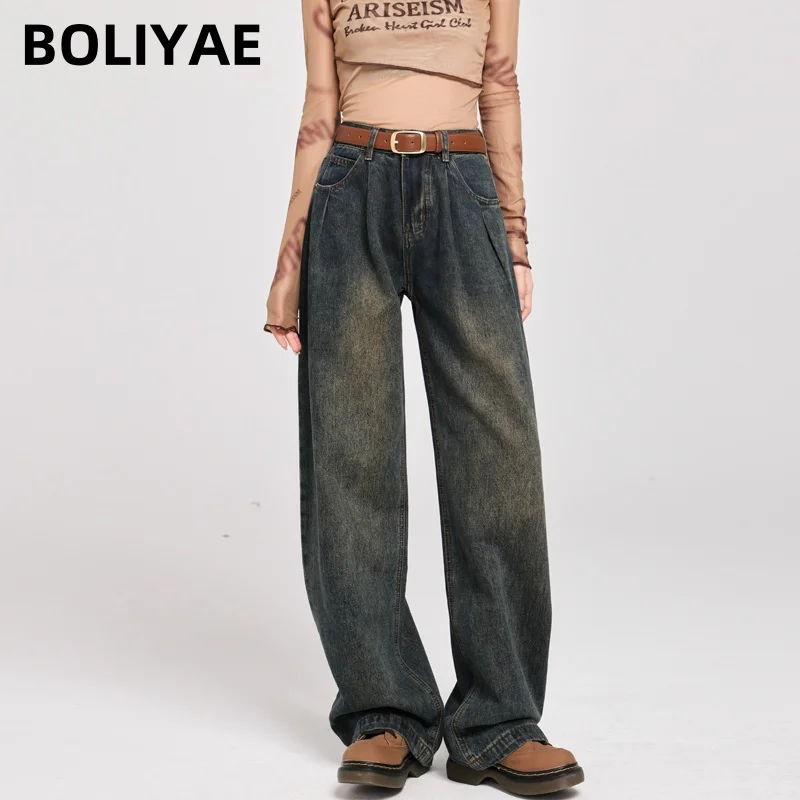 Boliyae Baggy Jeans Women High Waisted Denim Pants Wide Leg High Street Trousers Washed Vintage Cement Gray Loose Chic Clothes