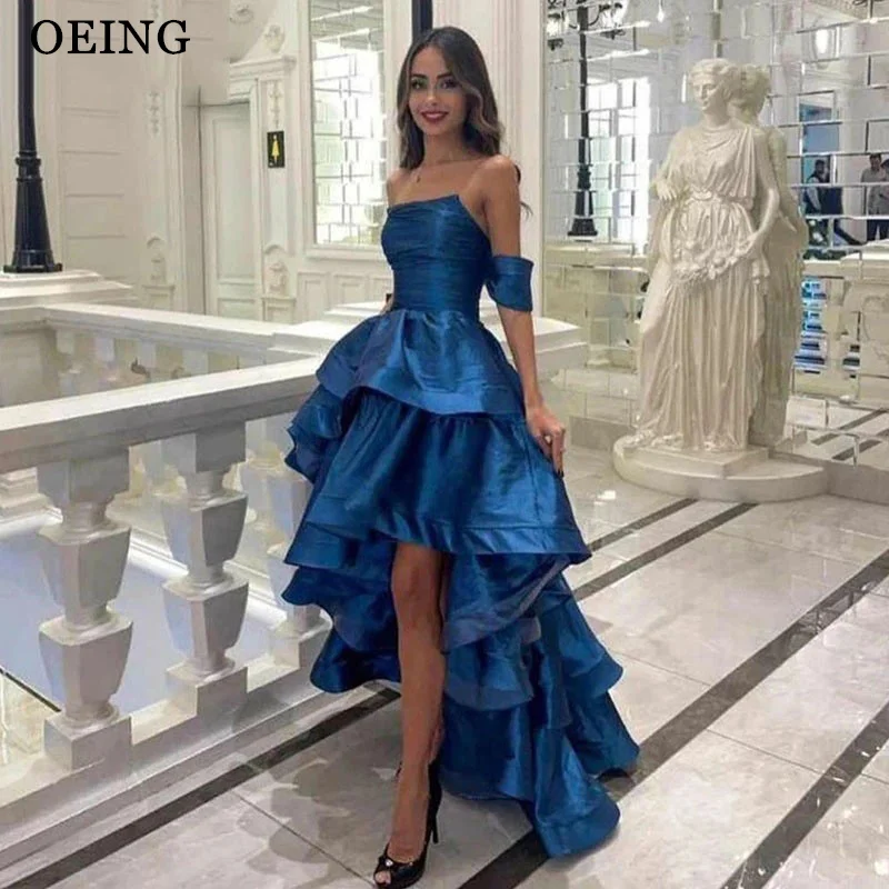 

OEING Pretty Blue Tiered Ruffles Evening Dresses Gitter Off The Shoulder Hi Low Pleated Prom Dress Formal Party Gown For Women