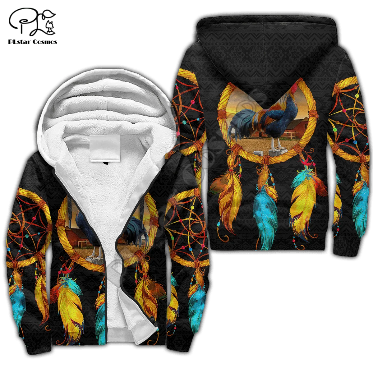 PLstar Cosmos Beautiful Rooster 3D Printed 2022 Winter Clothing Casual Warm Hood Thick Coat Zipper Man Fleece Hoodies Jacket R26