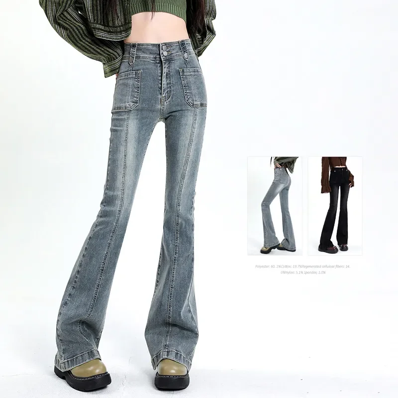 

Y2k Flared Jeans Woman Vintage High Waist Women Slim Stretch Denim Tight Pant Korean Street Style Casual Trousers Plus Length