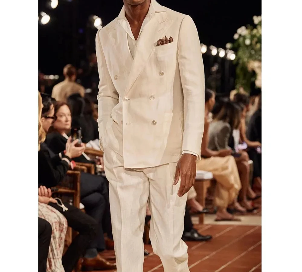 Summer Linen Double Breasted Men Suit Prom Party Slim Fit Blazer Hombre Stage Show High Quality Custom 2 Piece Set Costume Homme