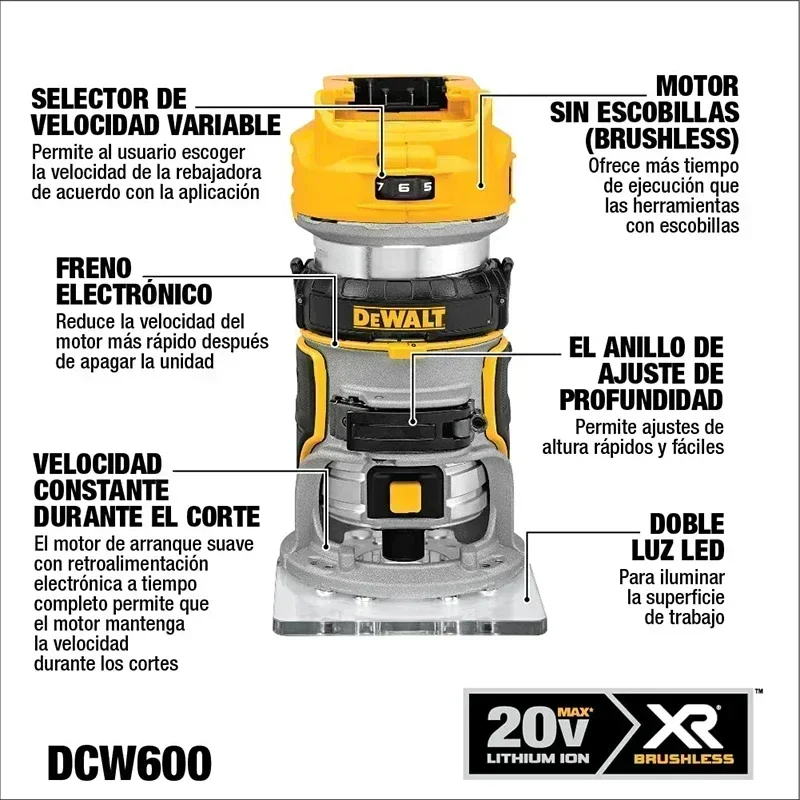 DEWALT Cordless Router 20V Brushless Power Tool Trimmer Engraving Machine Speed Regulation Slotting Trimming DCW600B