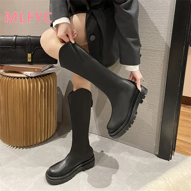 Women's Spring and Autumn New Versatile High Sleeve Boots with Back Zipper Up To Knee Length Mid Sleeve Boots Black Boots Mujer