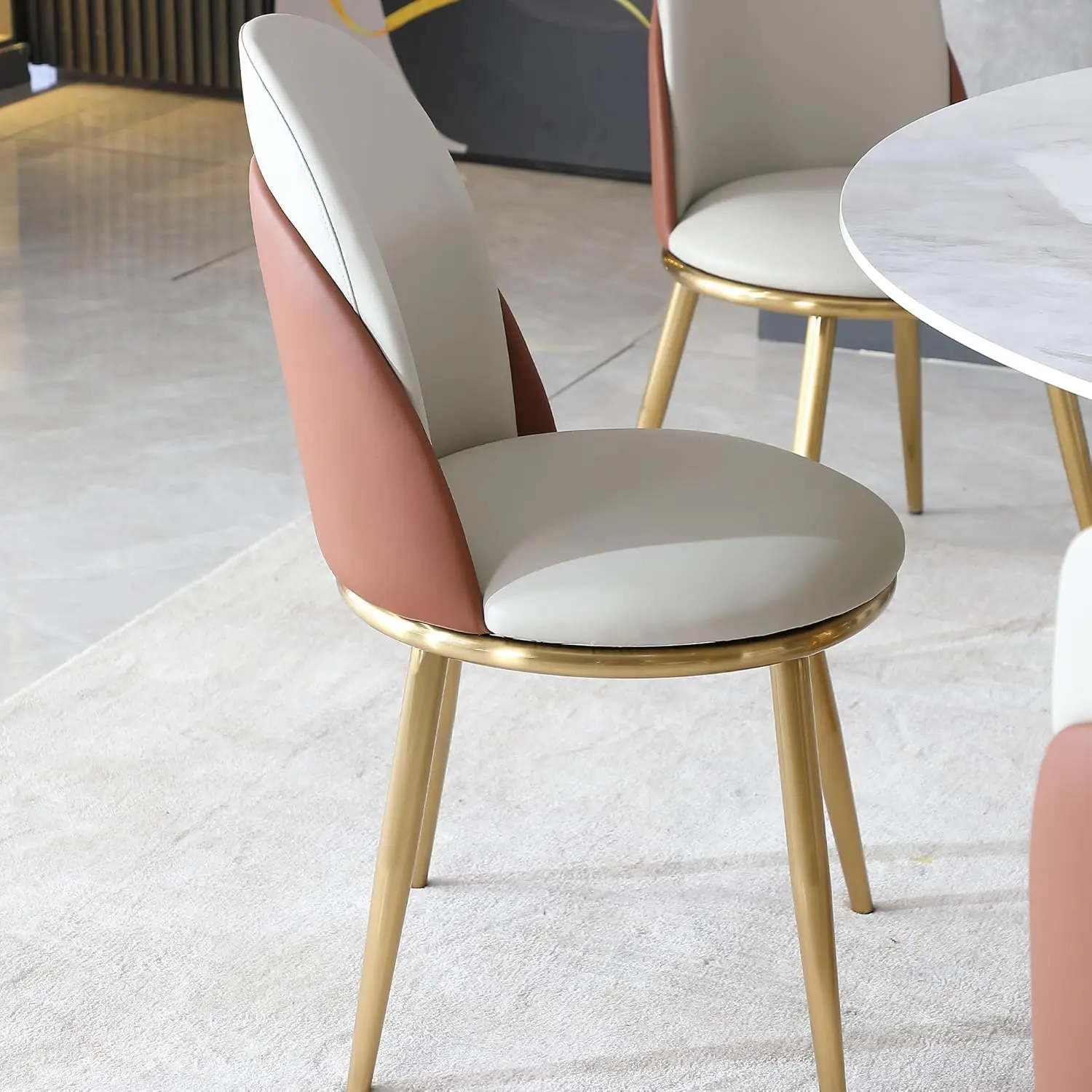 Dining Table Set for 4, Gold Stainless Steel Base & 4 PU Leather Dining Chairs, Kitchen Table Set for Dinner or Living Room