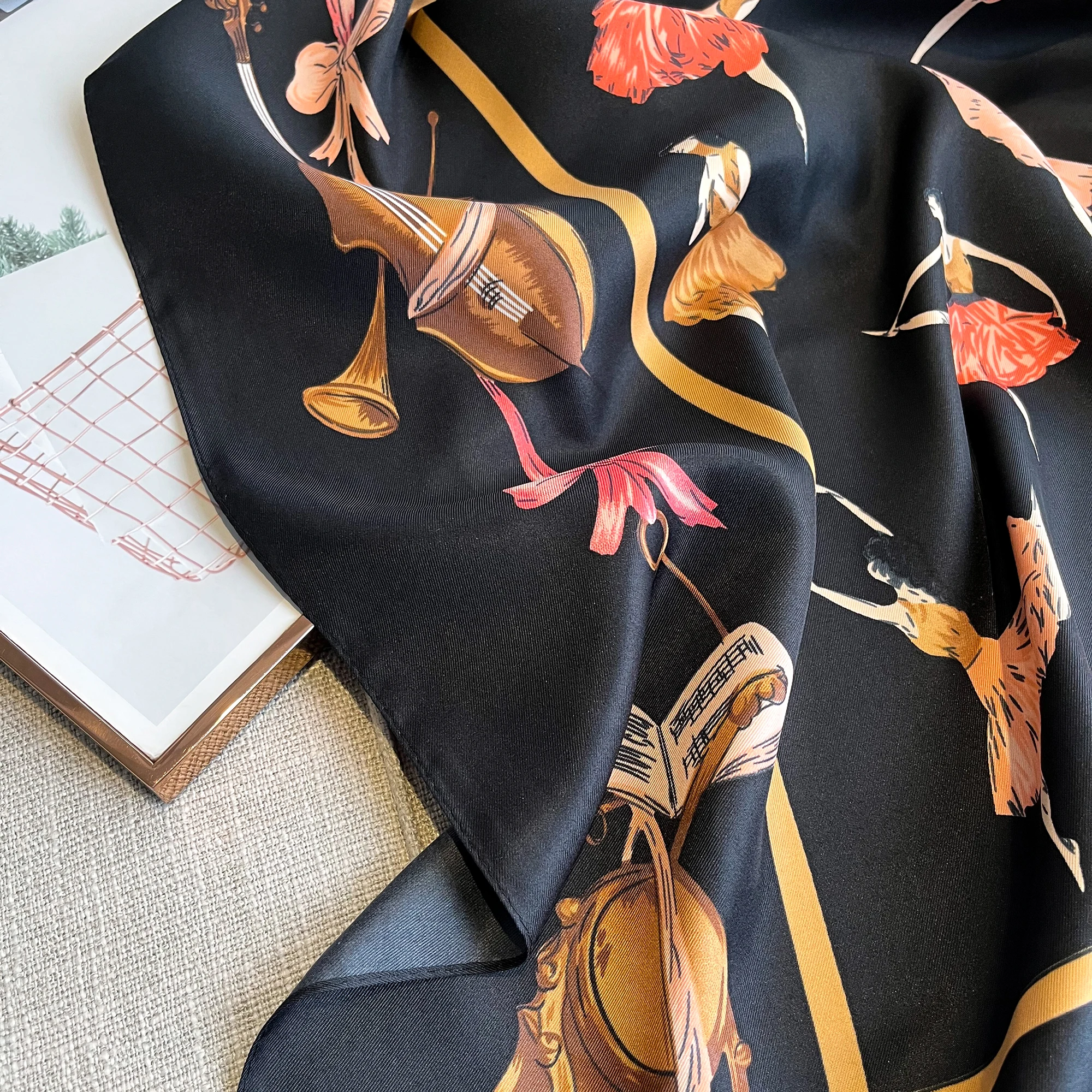 New Fashion Luxury Printing 90*90CM Women Scarf Satin Twill Square Big Shawl Elegant Headscarf Smooth Soft Neck Tie Bandana