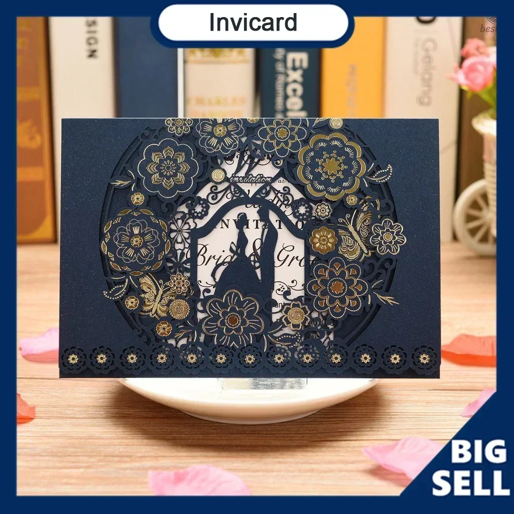 Wedding Invitation Cards 10pcs/pack Flower Bride Groom Hollow Out 250gsm Shiny Pearl Paper Card Holders greeting cards