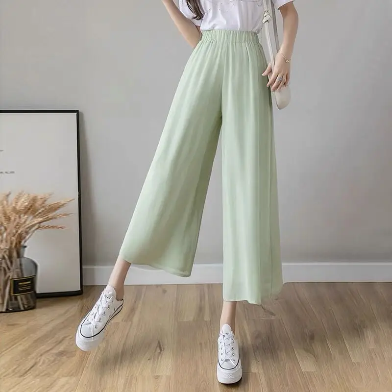 Fashion Streetwear Pleated Culotte Mujer Pants Green Black Purple Chiffon Trousers Stretch High Waist Women Loose Wide Leg Pants