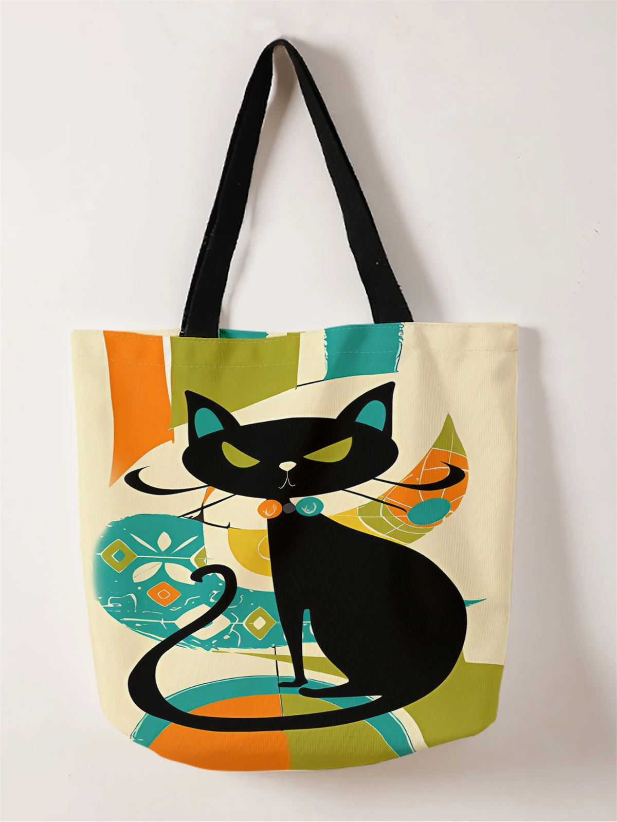 1pc,cartoon black cat handbag, reusable fashionable handbag, multifunctional handbag, printed canvas shopping bag
