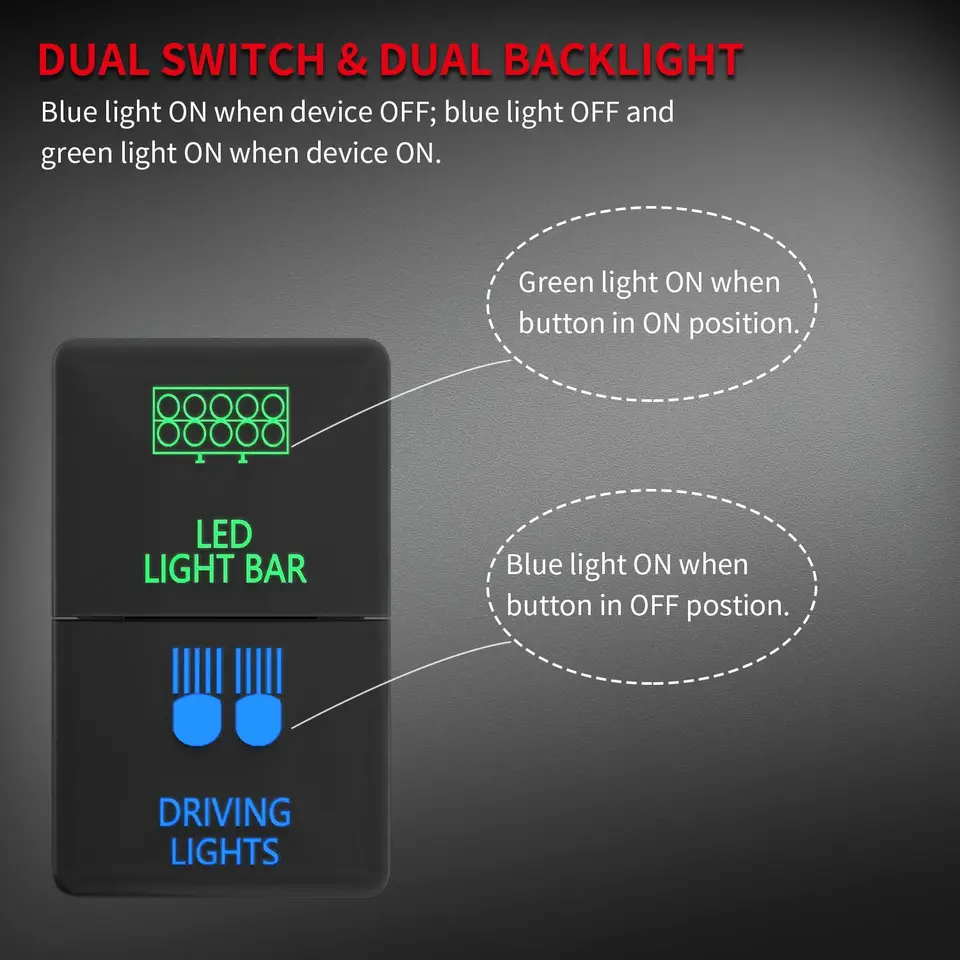 WeiSen LED Light Bar Symbol Push Switch - Blue Backlit, ON-Off With Connector Wire Kit, Compatible With Toyota Models
