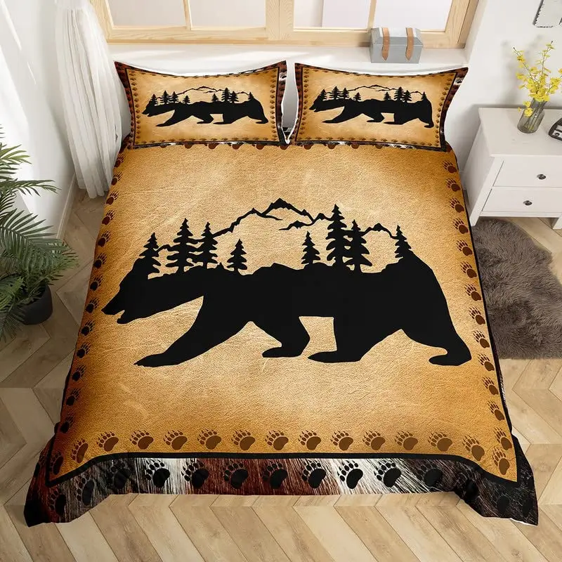 Bear Duvet Cover Twin King Queen Boys Exotic Wild Animal Bedding Set Microfiber Natural Theme