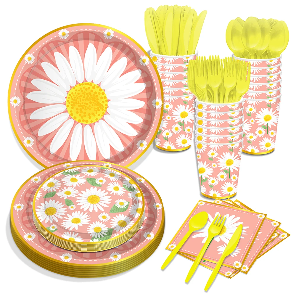 

Cartoon Spring Daisy Flower Wedding Birthday Party Paper Disposable Tableware Sets Plates Napkins Baby Shower Party Decorations