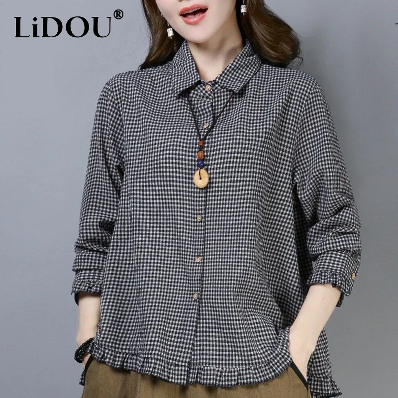 

Spring Autumn Vintage Plaid Print Single Breasted Casual Shirt Women Long Sleeve Ruffles Sweet Cardigan Blouse Female Clothes