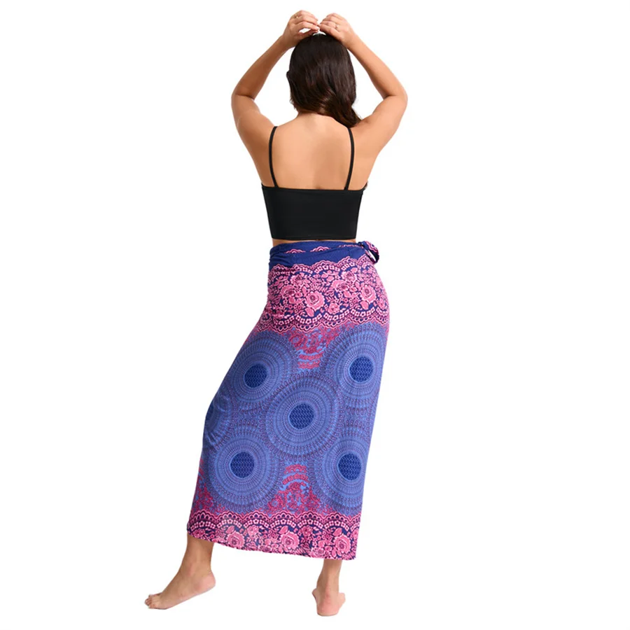 Women’s Boho Maxi Wrap Long Skirt Tie Up Beach Cover Up Dress Vintage Bohemian Adjustable High Waisted Holiday Rayon Dress 3