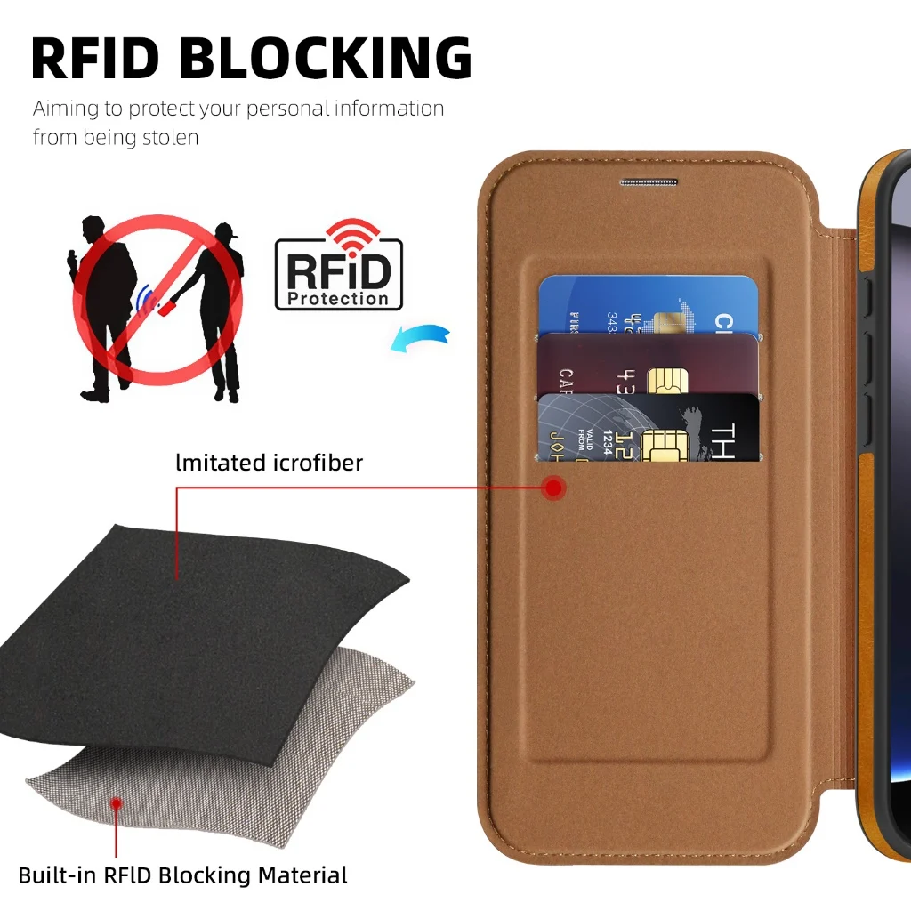 Wireless Charging Retro Leather Flip Wallet Case with Card Slots and Magnetic Closure