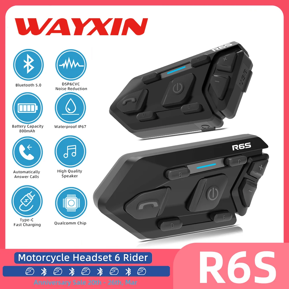 WAYXIN R6s BT5.0 Motorcycle Helmet Headset 1200M Interphone