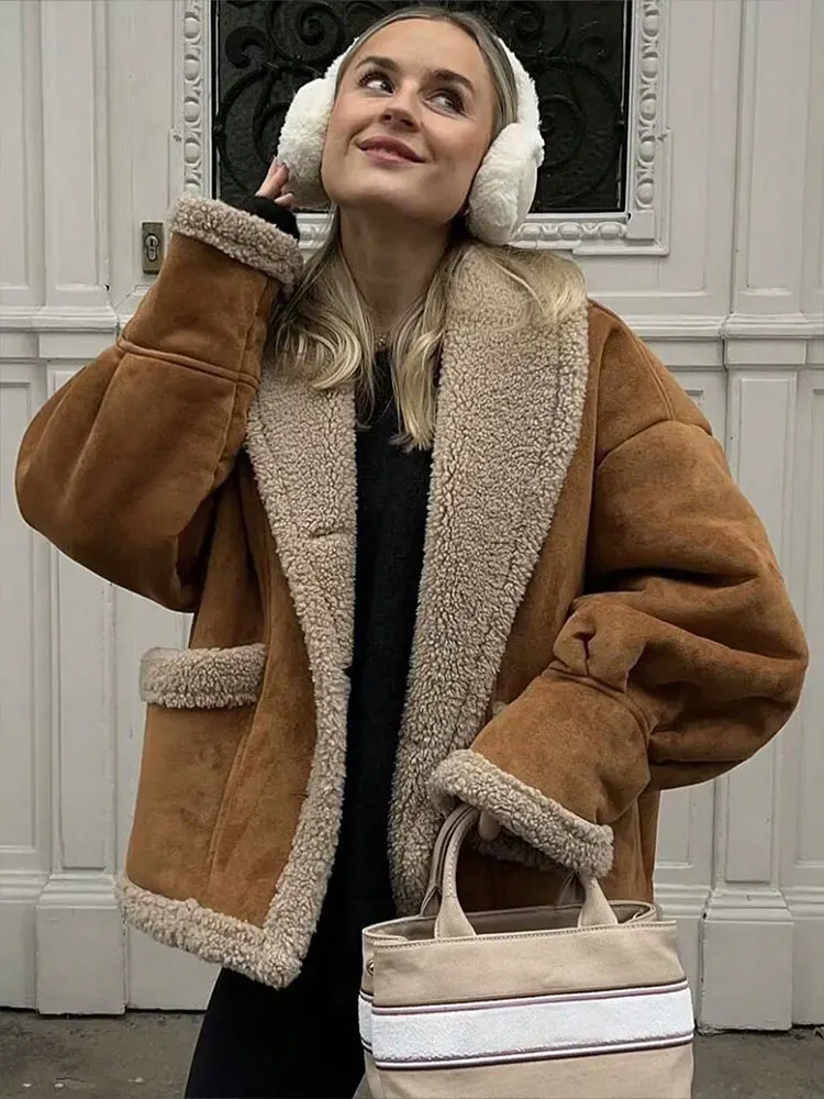 HH Women Autumn Winter Thick Casual Jacket Fashion Vintage Pockets Solid Loose Woman Turn Down Collar Streetwear Lady Chic Coat