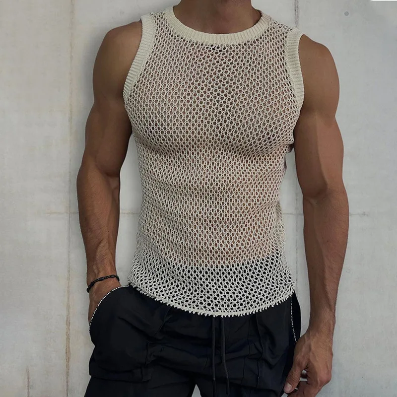 Men's Sleeveless Sweater 2023 Summer New Solid Color Round Neck Sleeveless Hollow Knit Vest