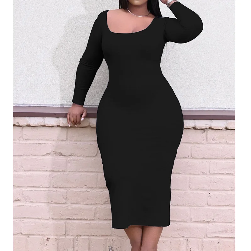 2022 Casual Fashion Solid Color U Neck Woven Long Sleeve Slim Ankle Dresses Spring Autumn Sexy Plus Size Female Clothing 5XL