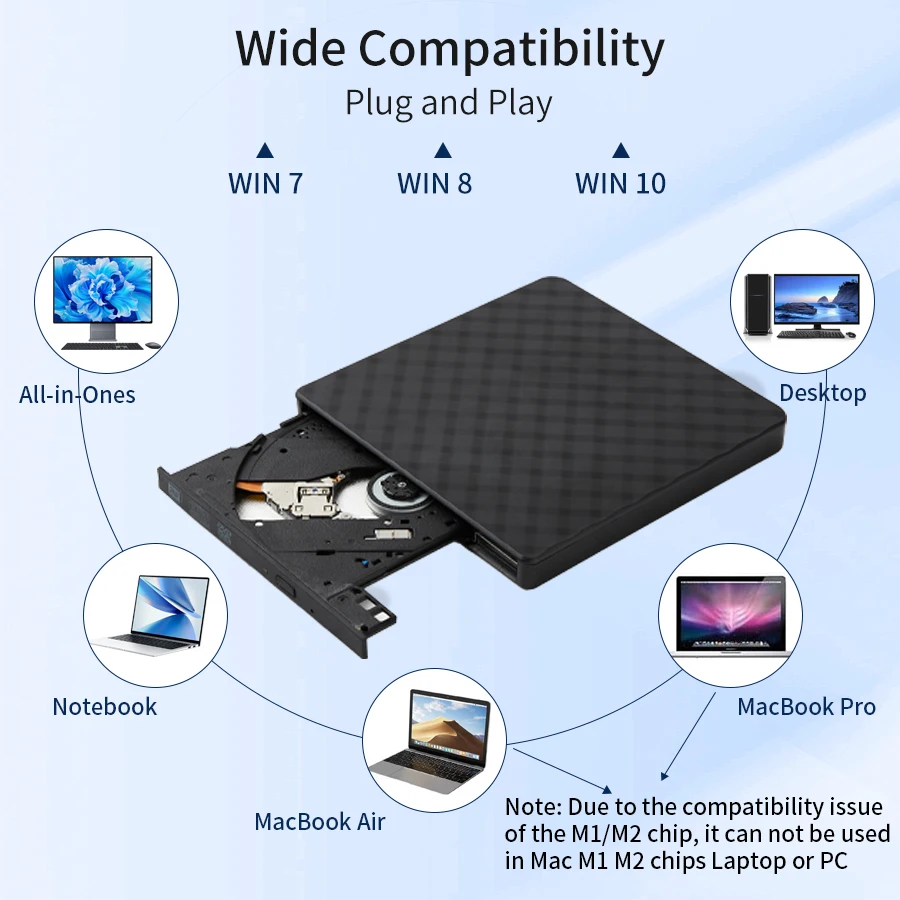외부 USB3.0 DVD RW CD 라이터 슬림 광학 드라이브 버너 리더 플레이어 트레이 유형 PC 노트북 용 휴대용