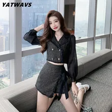

Small Fragrant Wind Spring Tweed Two Piece Set Women Fashion Splicing Chiffon Long Sleeve Shirt Crop Top+Chic Culottes Sets
