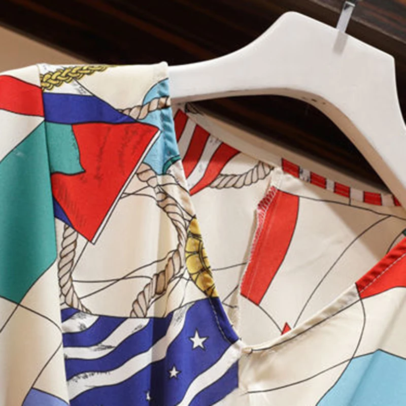 2025 Spring New Woman Pant Set Two-piece V-neck Bat Sleeve Elastic Waist Color Block Printed Top Wide Leg Pants Female Clothing