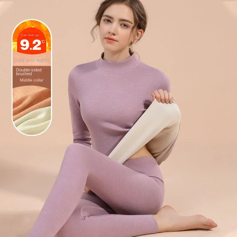 Winter Lingerie Sets Base Thermal Seamless Mid-high Women For Velvet Tops Trousers Thick Underwear Collar Warmth Stretch High