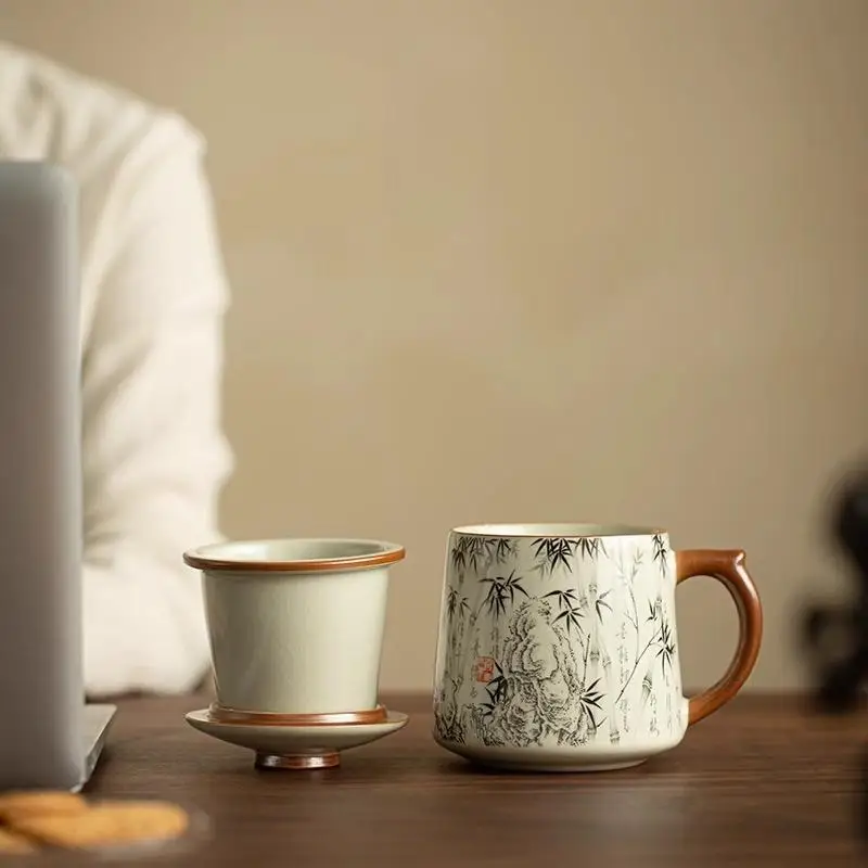 Chinese Style Ceramic Mugs, Home Personal Office Creative Teacup With Cover, Filtered Tea Water Separation, Tea Cups, 400ml, 1Pc