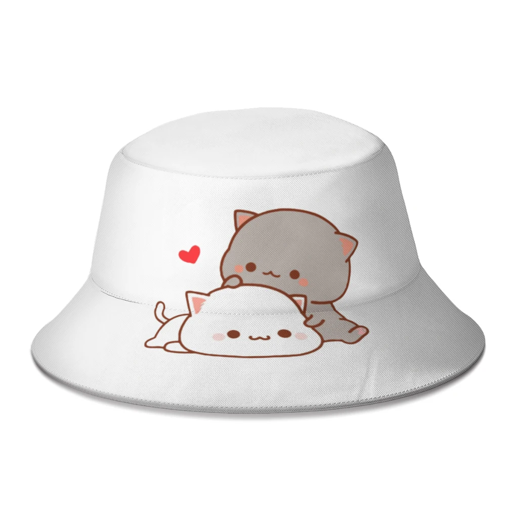 Cute Peach And Goma Cartoon Fisherman Hats Uomo Donna Mocha Mochi Peach Cat Summer Bucket Hat Beach Bob Femme Gorro Sun-Proof