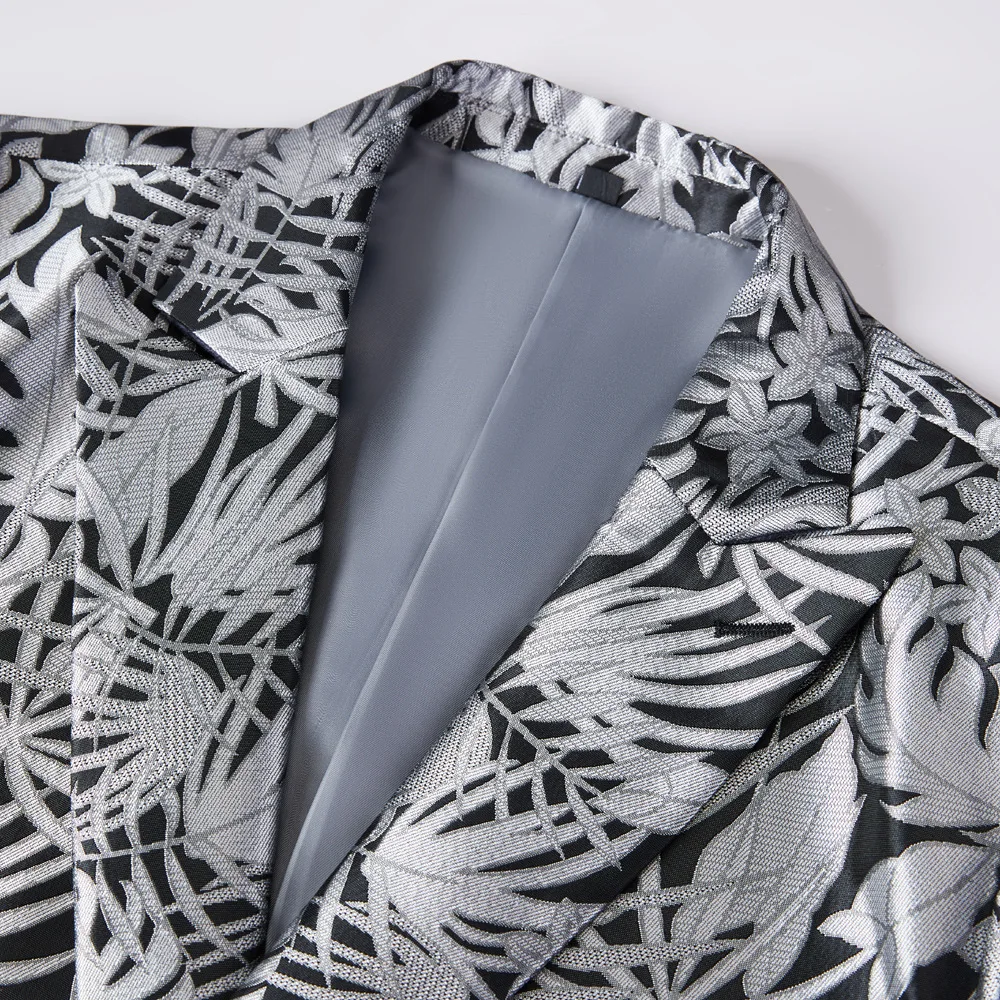 Elegant Men&lsquo;s Business Double Breasted Silver Leaf Suit / Male Slim Dancer Singer Party Host 2 Pcs Blazers Jacket Pants Sets