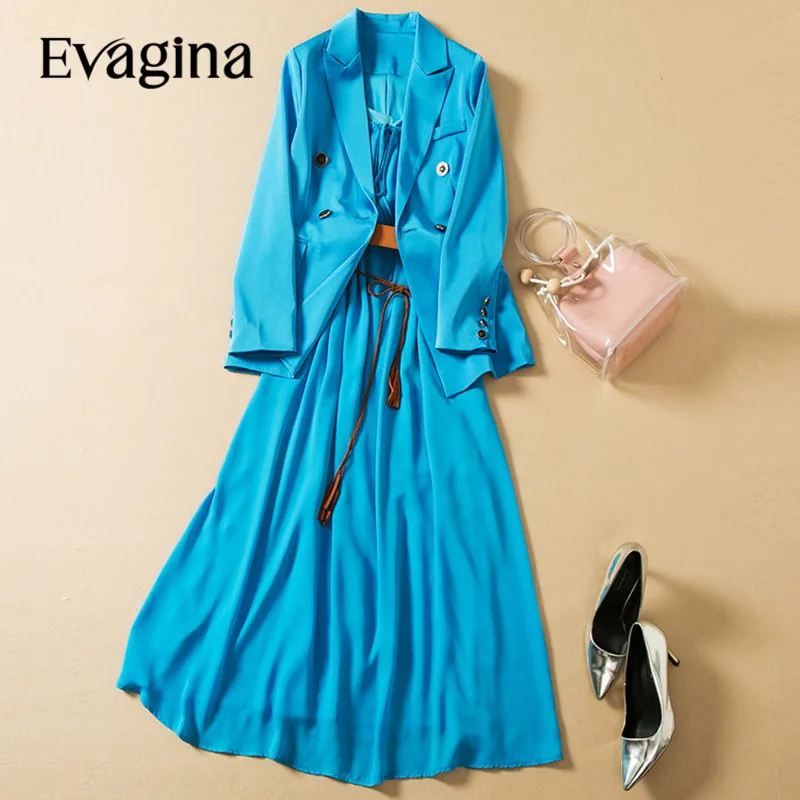 

Evagina New Fashion Runway Designer Women's Blue Suit Double Breasted Buckle Jacket Top Coat+Suspender Belt Dress 2-Piece Set