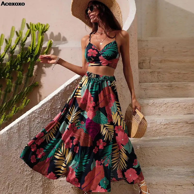 

2023 summer new women's fashion print beach sexy vest high waist slit skirt