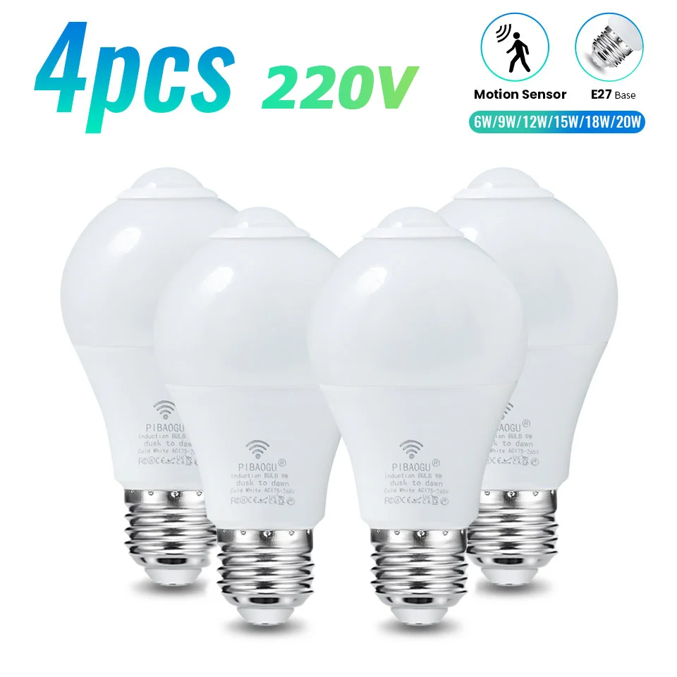 LED Bulbs 4pcs Radar Motion Sensor E27 220V Smart Light Auto Infrared Energy Saving