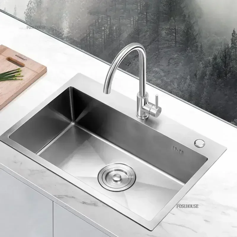 304 Stainless Steel Kitchen Sinks Single-slot Thickened Kitchen Accessories Wash Basin Built-in Countertop Lower Basin T