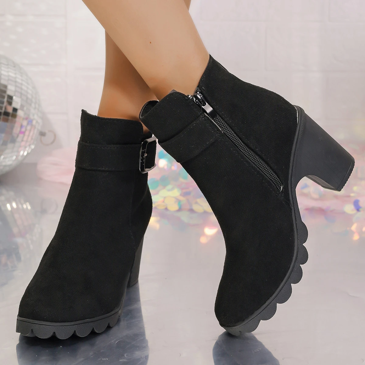Aphixta 8cm High Heel Black Ankle Boots Buckle Side Zip Women Elegant Platform Lady Footwear Shoes Women Autumn Winter Boots