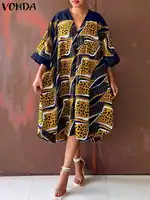 Plus Size 5XL VONDA Women Summer Dress 2024 V Neck Bohemian Printed Beach Sundress Casual Midi Vestidos 3/4 Sleeve Loose Robe - Image 2