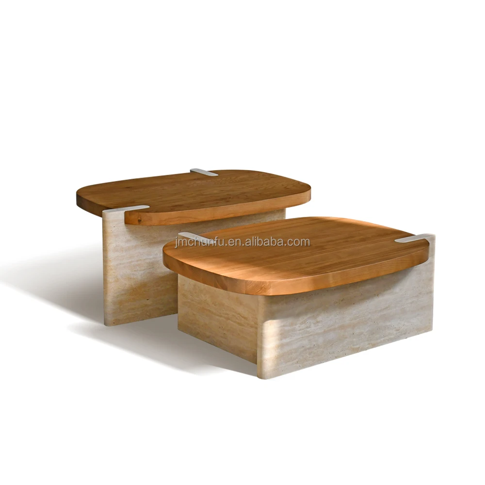 ODM Italian Luxury Style Beige Stone Living Room Furniture Nesting Table Travertine Solid Wood Coffee Table