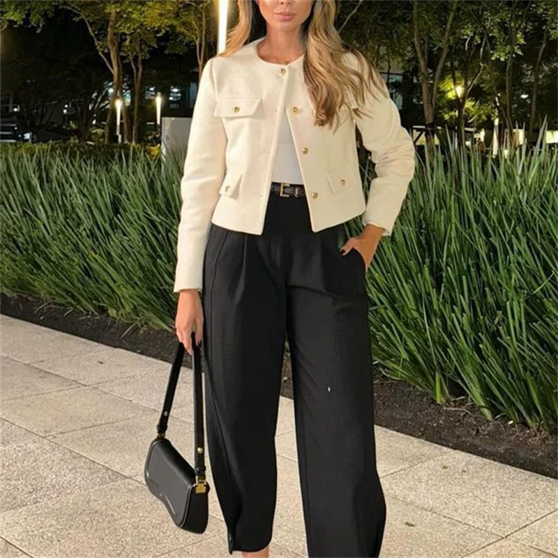 TRAF Tweed Cropped Jacket Woman Long Sleeve Vintage Jacket Woman Fashion Button Elegant Jackets For Women New In Short Coats 3