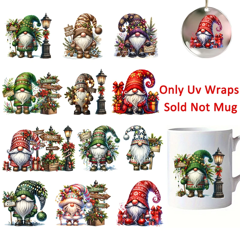 DTF Transfer Sticker 12pcs Christmas Winter Santa Claus Gnome UV DTF Cup Wrap Transfer Sticker Glass Coffee Mugs Decoration