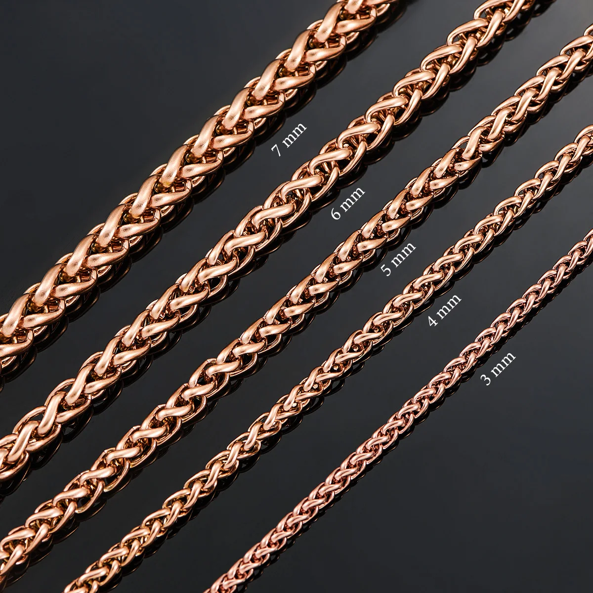 Stainless Steel Wheat Braided Necklace 3mm/4mm/5mm/6mm/7mm Rose Gold Color Classic Curb Chain for Men Women Jewelry