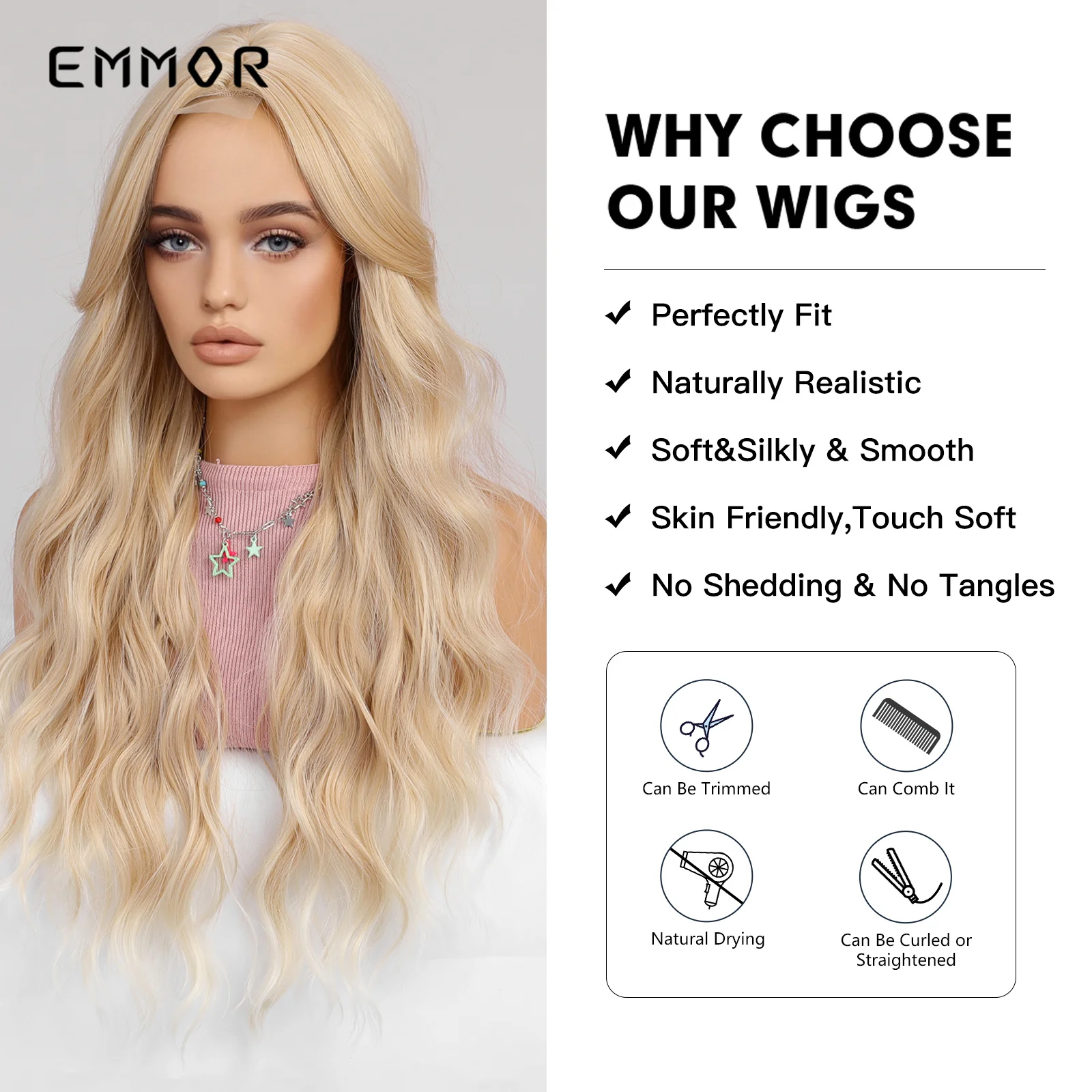 Emmor Synthetic Blonde Long Wavy Wigs with Bangs for Women Cosplay Natural Light Hair Wig High Temperature Fiber