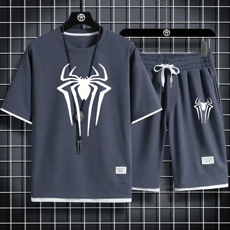 Summer Men's Spider Print T-shirt + Shorts Suit Casual Two-piece Waffle Sportswear 2024 Fashionable and Comfortable Suit M-3XL 5