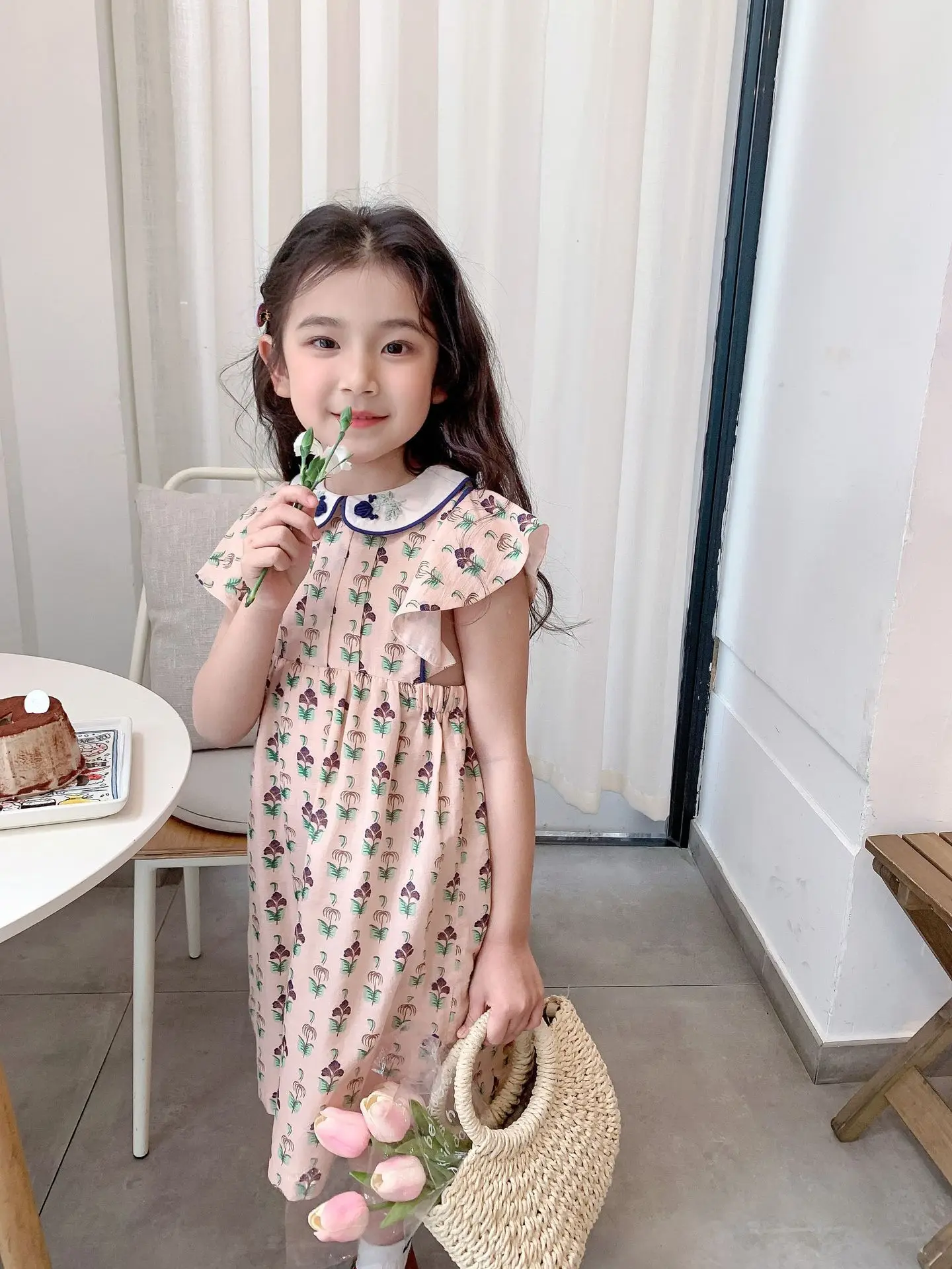 

Kids Dresses 2023 New Summer Brand Design Girls Cute Flower Print Short Sleeve Dress