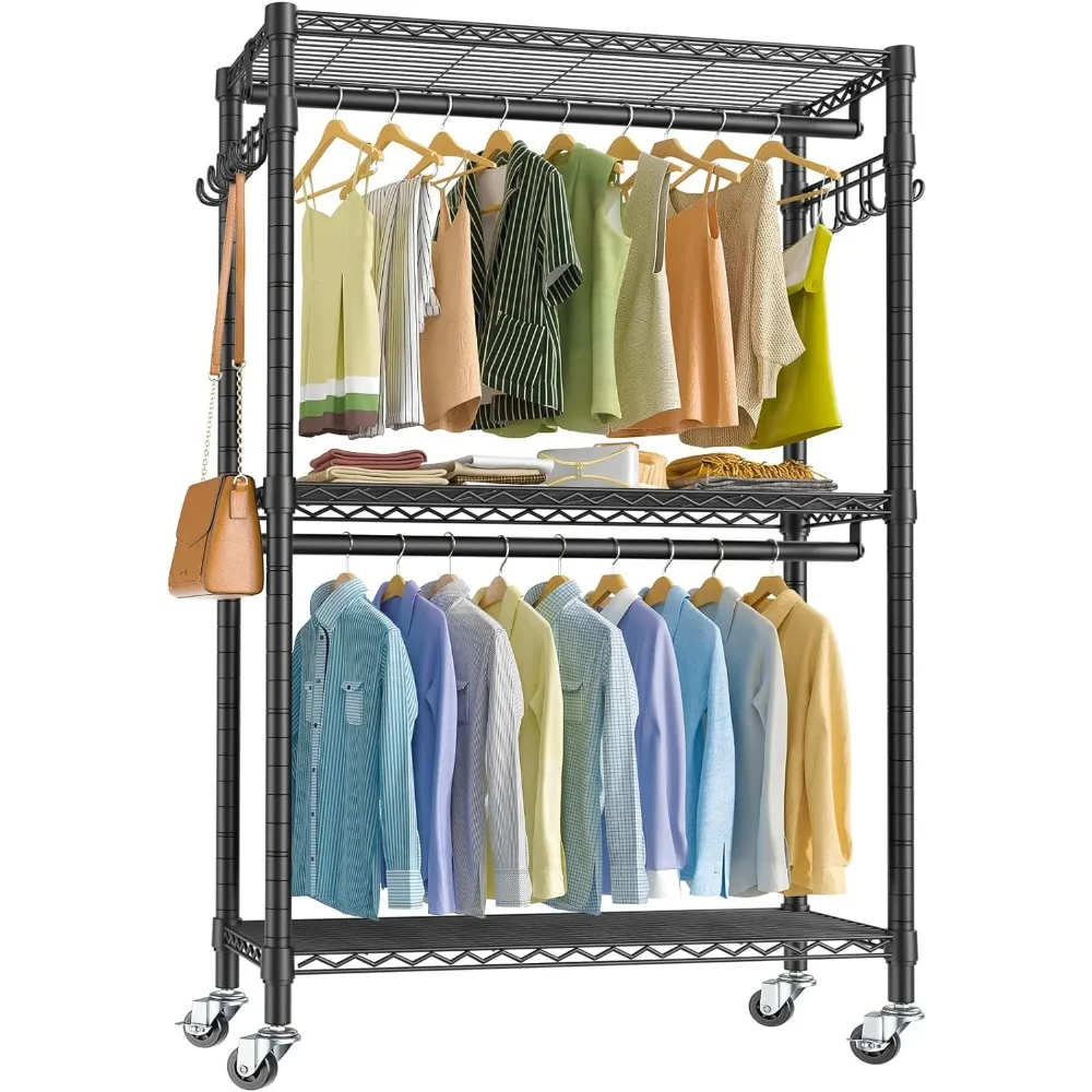 

V12 Heavy Duty Rolling Garment Rack 3 Tiers Adjustable Wire Shelving Clothes Rack with Double Rods and Side Hooks, Freesta