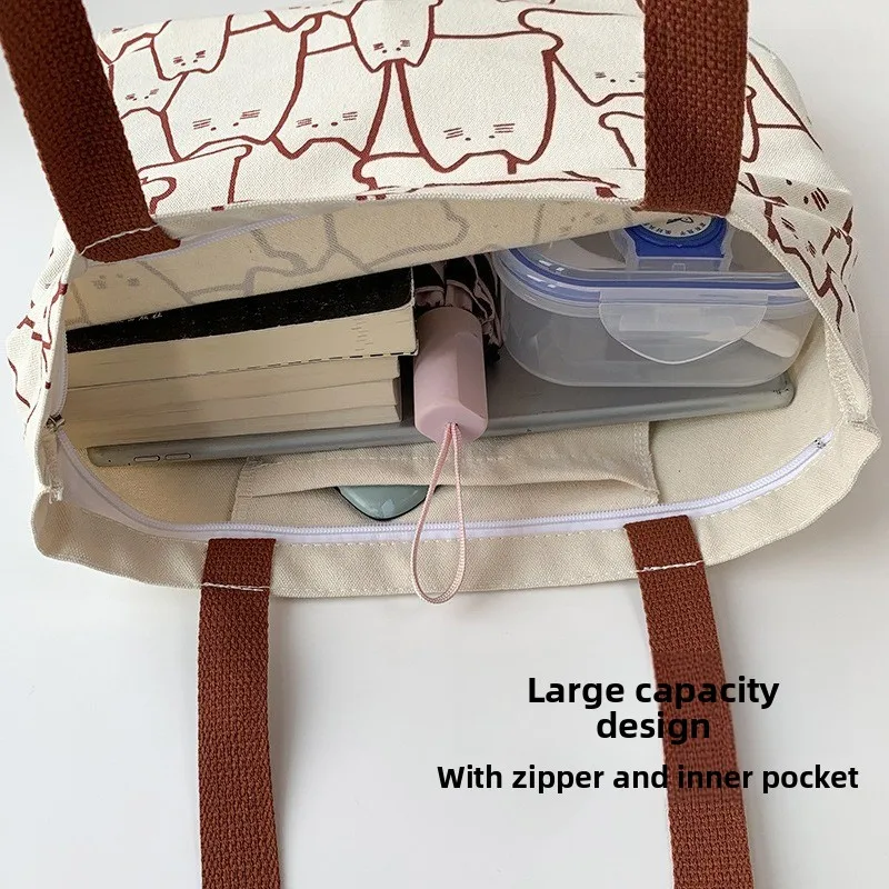 Stylish Cat Pattern Student School Bags, Large Capacity Canvas Tote Bag , Cute Literary Handbag Shoulder Bag for Women Daily Use