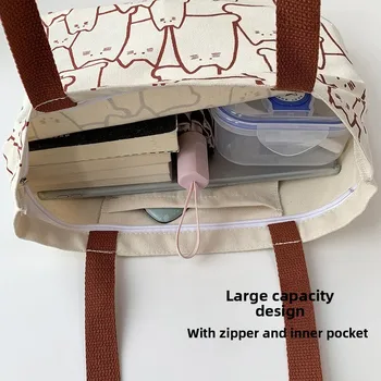 حقائب مدرسية أنيقة للطلاب بنمط قطة، حقيبة حمل قماشية ذات سعة كبيرة، حقيبة كتف أدبية لطيفة للاستخدام اليومي للنساء 6