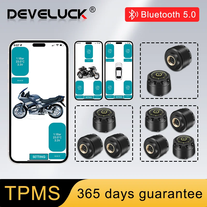 

Motorcycle Car TPMS Bluetooth 5.0 Tire Pressure Alarm Monitor Apple IOS Android System Temperature Warning Sensors Tire Gauge