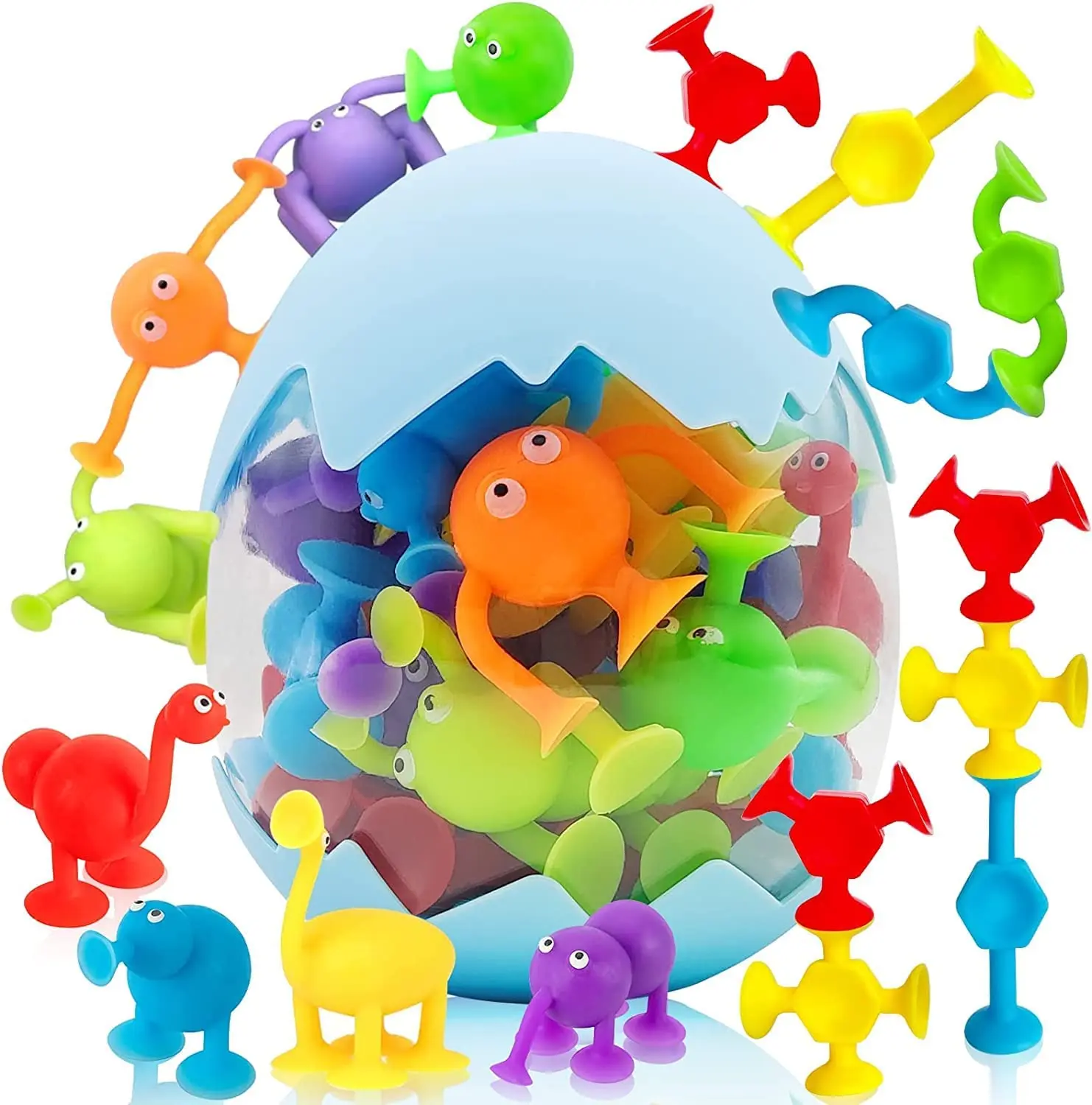 Suction Cup Toys 27 PCS Silicone Suction Bath Toys Travel Toys Window Toy for Kids Sensory Toys with Dinosaur Eggshell Storage 5