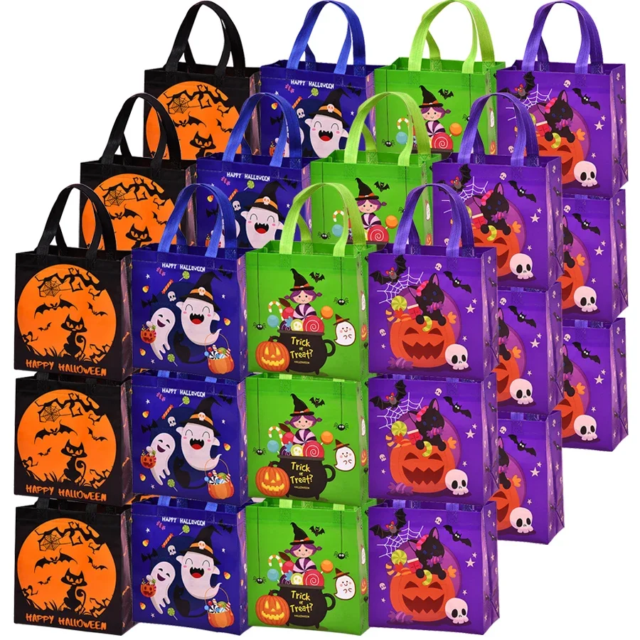 4 Stück Halloween-Themen-Vliesstoff-Geschenk-Einkaufstasche mit Griff, wiederverwendbare Kürbis-Fledermaus, kreative Süßes oder Saures-Goodie-Taschen – Detail 2