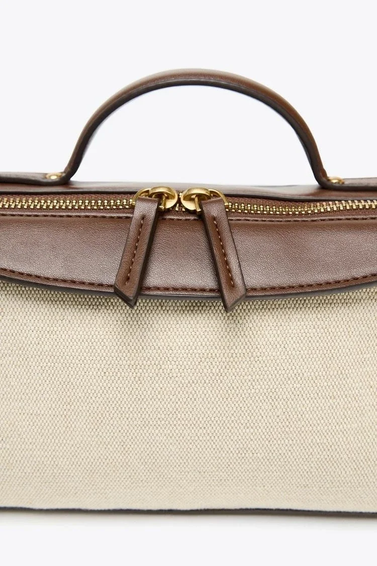 2025 New niche retro color-blocking hand-held small bag stylish crossbody canvas PU small square bag, single-shoulder bag